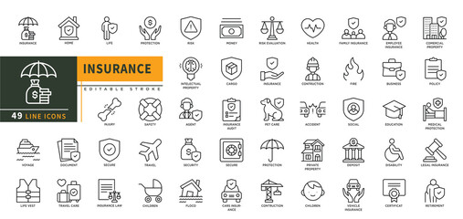 Minimalist Insurance line icons set with editable stroke, featuring home, life, protection, secure, insurance law, life vest, money, business, contruction, fire, social, pet. thin linear illustration.