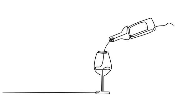 Wine bottle and wine glass drawing with one continuous line, Continuous line one drawing of wine bottle with wineglass, The image shows the silhouette of a vermouth.