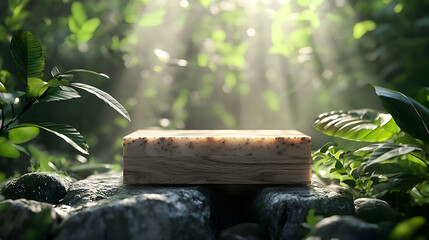 Wooden podium in a lush, sunlit forest setting.