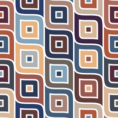 Seamless geometric pattern with a grid of concentric multicolored squares on a white background in a retro ethnic style. Abstract decorative elements. Graphic textile texture. Vector illustration.