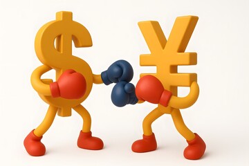 Cartoon Characters Representing Dollar and Yen in a Boxing Match