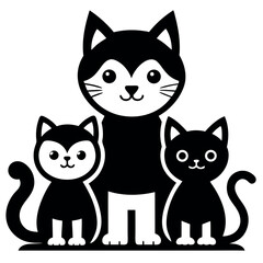 Cute Cat Family Vector Icon - Black and White Mother Cat with Kittens Clipart Illustration