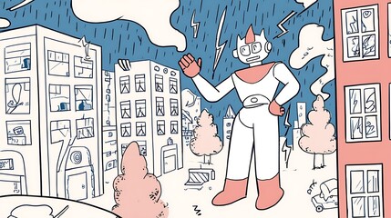 Retro robot in a rainy city