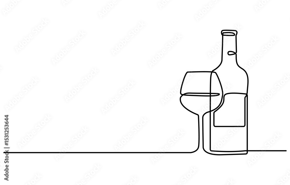 Poster wine bottle and wine glass drawing with one continuous line, continuous line one drawing of wine bot