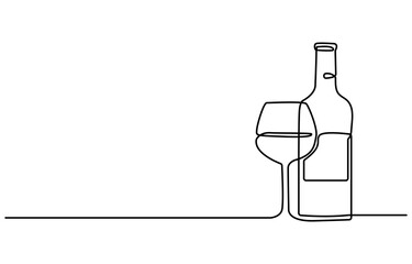 Wine bottle and wine glass drawing with one continuous line, Continuous line one drawing of wine bottle with wineglass, The image shows the silhouette of a vermouth.