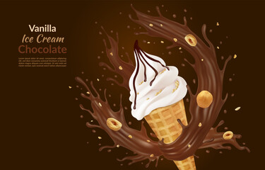 3d ice cream. Soft icecream cone, chocolate swirl and splash with sweet sauce serve. Vanilla milk, crispy waffle glaze and hazelnut flying, promotional banner, summer vector advertising