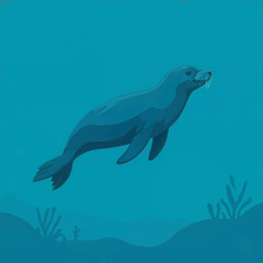 Seal swimming underwater against blue background