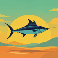 Marlin fish swimming against a sunset background