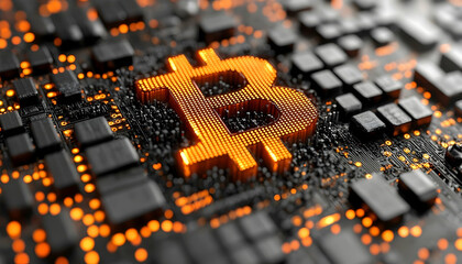 Digital currency symbol amidst a dark patterned grid, glowing with bright orange light in a technological setting
