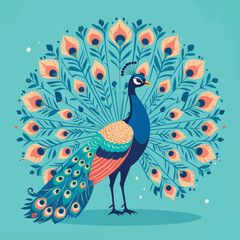 Colorful peacock displaying feathers against turquoise background