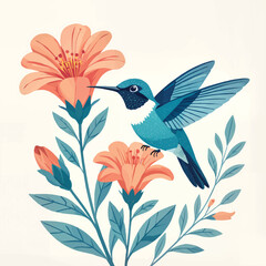 Hummingbird feeding on pink flowers
