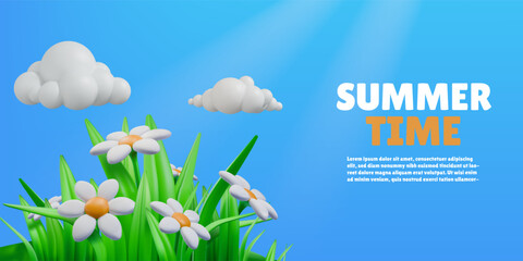 3D summer time banner. Meadow flowers. Spring grass. Garden render blossoms. Daisy leaves. Chamomile plant bouquet and sky clouds. Summertime nature. Vector cartoon season background