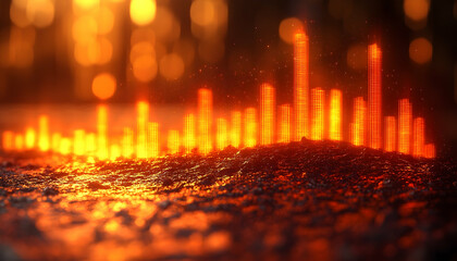 Abstract landscape merging gritty textures with vibrant, glowing digital bars against a blurred, warm bokeh backdrop