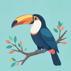 Colorful toucan perched on a branch against a turquoise background
