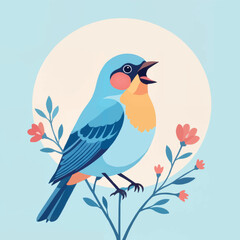 Singing blue bird on branch with flowers