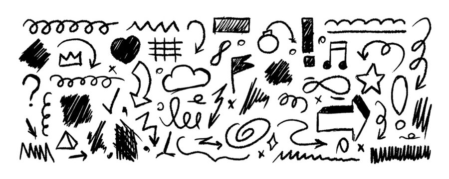 Brush arrow. Line hand drawn chalk shapes. Pencil texture abstract drawings. Square pen simple sketch. Brushstroke design. Crayon doodle symbols. Grunge graphic. Vector black icons set