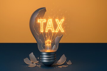 Illuminated Tax Concept in Broken Lightbulb Design on Orange Background