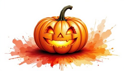 a bold watercolor impression of carved pumpkin, in an expressive watercolor style, with amber and rust shades, on textured paper, dynamic brushwork, feathered contours, vibrant details
