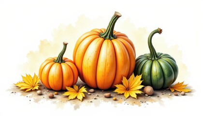 a bold watercolor impression of autumn squash, in an expressive watercolor style, with ochre and olive green shades, on textured paper, dynamic brushwork, feathered contours, vibrant details