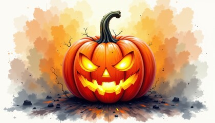 a bold watercolor impression of glowing jack o lantern, in an expressive watercolor style, with tangerine and charcoal shades, on textured paper, dynamic brushwork, feathered contours