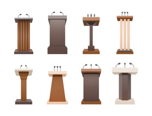 Speaker platform. Conference stage mockup, lecture speech stand. 3d white wooden tribune, microphone. Empty podium, political public speaking interior element. Vector space design