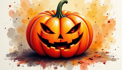 a bold watercolor impression of grinning jack o lantern, in an expressive watercolor style, with neon orange and soot black shades, on textured paper, dynamic brushwork, feathered contours