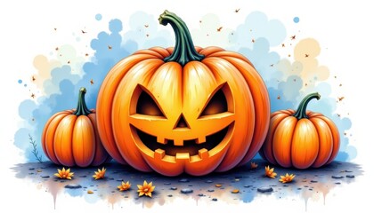 a bold watercolor impression of whimsical carved pumpkin, in an expressive watercolor style, with butternut and twilight blue shades, on textured paper, dynamic brushwork, feathered contours