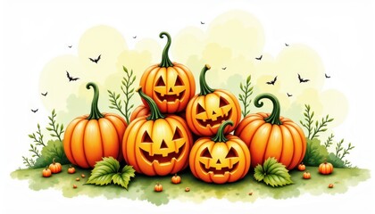 a bold watercolor impression of stacked carved pumpkins, in an expressive watercolor style, with saffron and moss green shades, on textured paper, dynamic brushwork, feathered contours