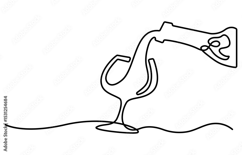 Poster wine bottle and wine glass drawing with one continuous line, continuous line one drawing of wine bot