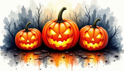 a bold watercolor impression of spooky jack o lantern trio, in an expressive watercolor style, with ink black and flaming tangerine shades, on textured paper, dynamic brushwork, feathered contours