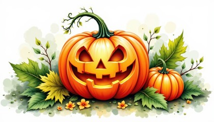 a bold watercolor impression of carved pumpkin in leaves, in an expressive watercolor style, with rust orange and leafy green shades, on textured paper, dynamic brushwork, feathered contours