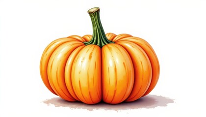 a bold watercolor impression of striped autumn squash, in an expressive watercolor style, with navy and peach orange shades, on textured paper, dynamic brushwork, feathered contours, vibrant details