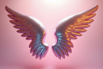 Stunning 3d rendered iridescent angel wings against a beautiful soft pink background gradient.