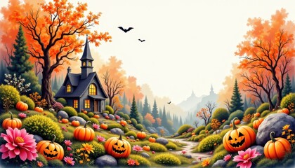 a bold watercolor impression of halloween themed garden, in an expressive watercolor style, with moss and clay orange shades, on textured paper, dynamic brushwork, feathered contours, vibrant details
