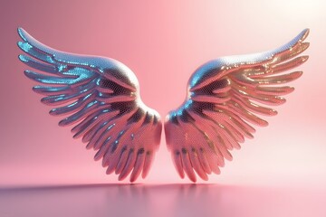 Stunning 3d render of shimmering angel wings with pink and blue color accents