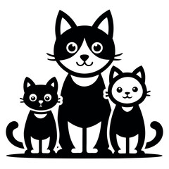 Cute Cat Family Vector Icon - Black and White Mother Cat with Kittens Clipart Illustration
