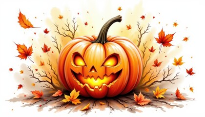 a bold watercolor impression of jack o lantern with leaves swirling, in an expressive watercolor style, with autumn gold and bark brown shades, on textured paper, dynamic brushwork