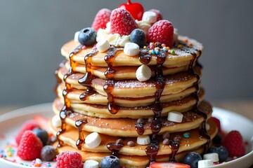 Delicious stack of pancakes with berries syrup whipped cream marshmallows and sprinkles