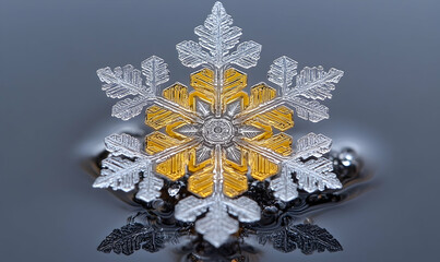Detailed macro shot of a multi-colored snowflake with intricate patterns set against a dark, reflective surface