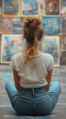 Woman in jeans and white top, gazing at art