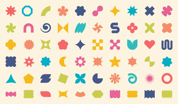 Abstract shapes. Sticker pattern elements, organic flower, star and geometric forms, heart and circle, icon silhouette, graphic label or geometry pop art, y2k frames. Vector design
