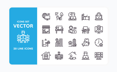 Home work icons. Computer on desk. Remote job. City location pin. Person worker on park bench. Employee in business room. Deadline time. Freelancer at laptop. Vector line strokes set