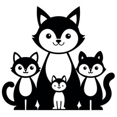 Cute Cat Family Vector Icon - Black and White Mother Cat with Kittens Clipart Illustration
