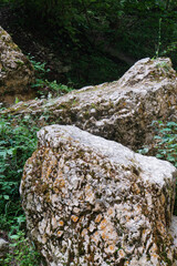 Sedimentary rocks boulders near a waterfall in North Caucasus mountains
