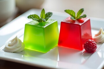 Delicious square jellies garnished with mint leaves and served with whipped cream and raspberry