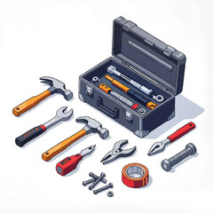 Toolbox with various tools on a white backdrop