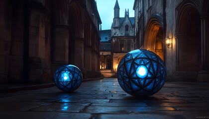 Two glowing blue orbs sit on a cobblestone street within an old European city with gothic architecture