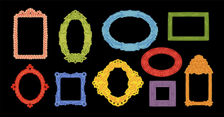 Mirror frame. Wall painting, doodle photo antique wall square or old decorative shape. Modern empty space. Colorful elegant frameworks. Ornamental silhouettes. Vector border design set