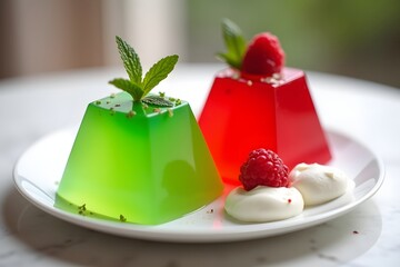 Delicious colorful gelatin desserts garnished with fresh mint and raspberries on a white plate