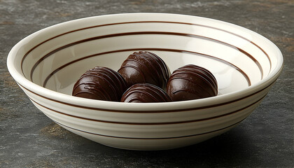 Four dark chocolate truffles arranged inside a white striped ceramic bowl, set against a textured dark surface